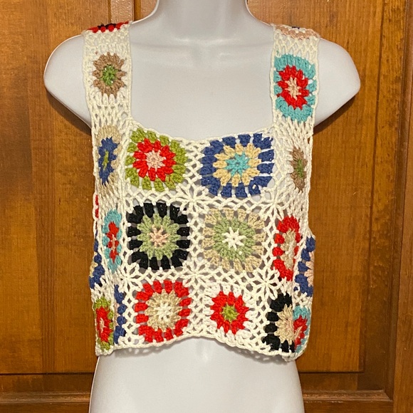 Crochet Knit Granny Square Tank Top Floral Knit Crop Tops Vintage Knitwear OS - Picture 2 of 9